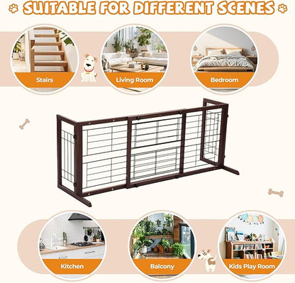 COZIWOW 38-67" Dog Gate Indoor, Free Standing Pet Gate for Doorways Extra Wide, Wooden Fence Puppy Safety Gates for The House, Stairs, Hallway, No Drilling Required,Brown