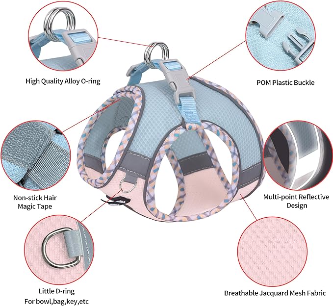 AIITLE Teacup Puppy Harness with Leash - Adjustable Soft Vest with Magic Tape & Reflective Safety Strips, Easy-Put-On for Poodles, Pomeranians - Gym, Hiking, Travel (Blue-Pink, S)