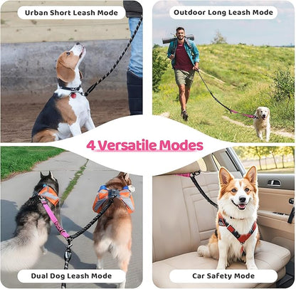 Double Dog Leash - 360°Swivel Tangle Free Splitter Attachment, 1 Rope with Handle, 2 Dogs Multi-Functional Leash, for Outdoor Walk Train Small Medium Large Two Pet, Fuchsia