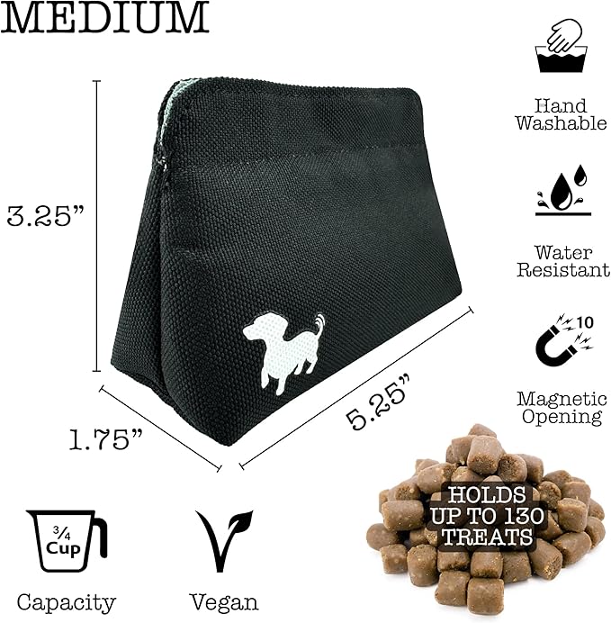 Pocket Sized Dog Treat Pouch - Treat Pouches for Pet Training - Medium Dog Treat Pouch with Magnetic Closure - Dog Walking Treat Bag for Dog Training - Black with Gray Interior