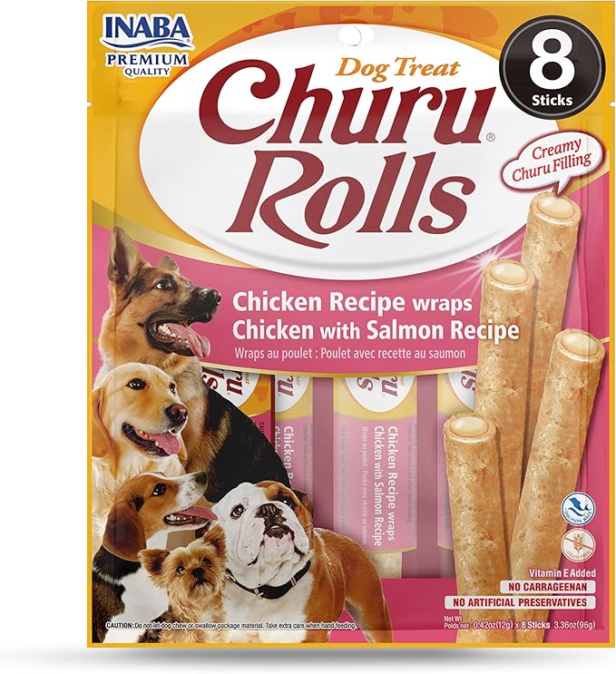 INABA Churu Rolls Chicken Wraps Chicken with Salmon Recipe Dog Treats, 3.36 oz.