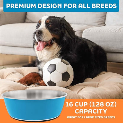 Master Pet Supply Stainless Steel Dog Bowls Set of 2 (128 Oz Each) with Non-Slip Rubber Base - True Blue - Basic Dog Food Bowl Water & Food Bowls for Small Medium Large Dogs & Cats, Metal Dish