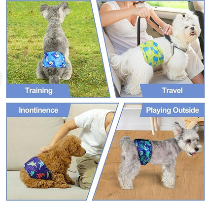 5 Pack Dog Diapers Male Reusable, Premium Belly Bands for Male Dogs, High Absorbing Male Dog Pee Wraps for Doggie in Incontinence or Excitable Urination and Training Dinosaur L