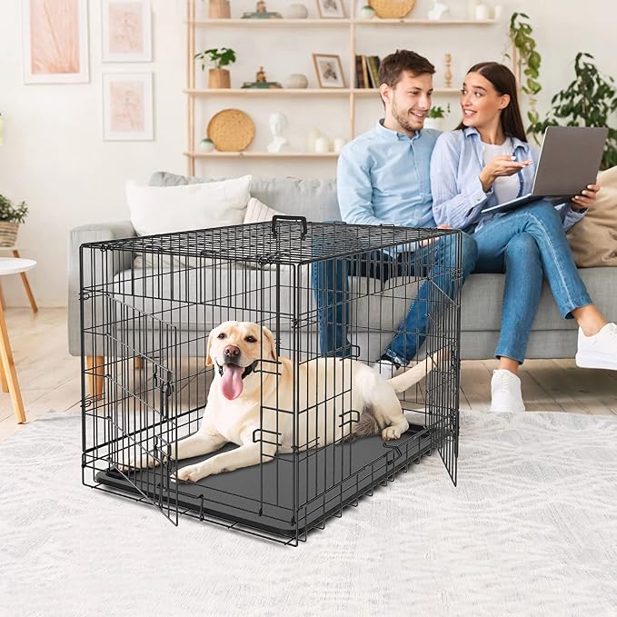 Dog Crates for Large Medium Dogs Foldable Metal Wire Pet Dog Kennel 30/36/42 Inches Indoor Outdoor Travel Dog Gage with Double Door, Leak Proof Pan