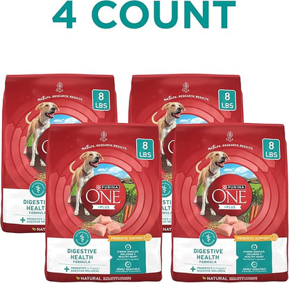 Purina One Plus Digestive Health Formula Dry Dog Food Natural with Added Vitamins, Minerals and Nutrients - (Pack of 4) 8 lb. Bags