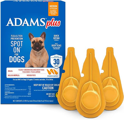 Adams Plus Flea & Tick Prevention Spot On for Dogs 15-30 Pounds, 12 Weeks & Older, 3-Month Supply, Kills Fleas, Flea Eggs, Flea Larvae & Brown Dog & Deer Ticks, Kills & Repels Mosquitoes For 30 Days