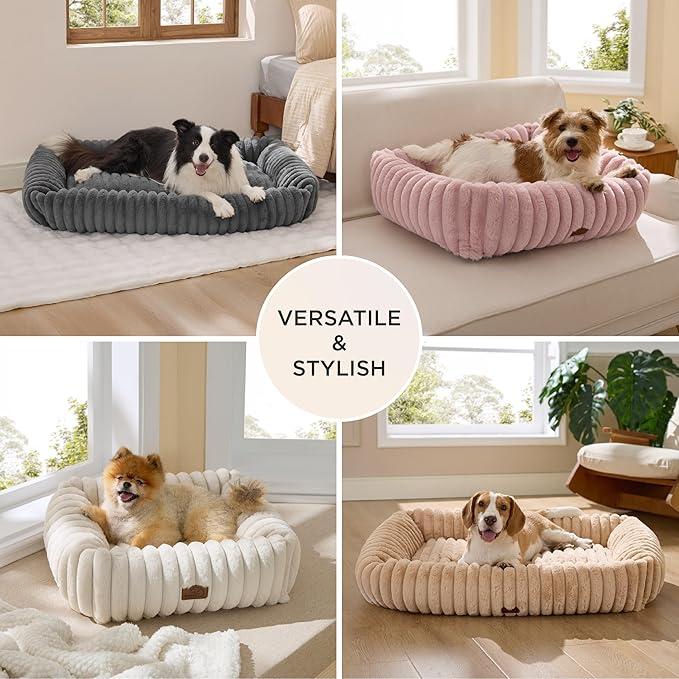 Bedsure ComfyFleece™ Cute Dog Bed for Small Medium Dogs - Washable Furry Puppy Beds, Rectangle Orthopedic Corduroy Fleece Pet Beds with Removable Zipper Cover, 25x21x7inches, Vintage Indigo