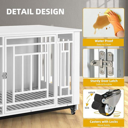 DWVO Double Dog Crate Furniture for 2 Large Medium Dogs, 76 Inch Heavy Duty Dog Kennel Indoor TV Stand with Wheels, Decorative Wooden Dogs Cage Table with Removable Tray, Chew-Resistant, White