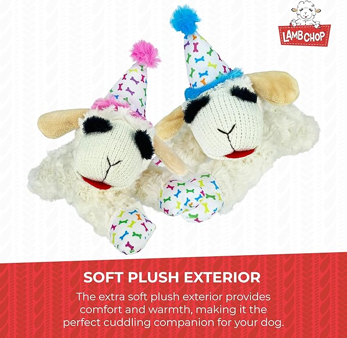 Multipet Lamb Chop Dog Plush Toy w/Birthday Hat - Squeaky Toy for All Dogs - Soft Plush - Stuffed Animal Dog Toys for Playing - Cute Birthday Toy (10.5”, Pink Hat, 5 Squeakers)
