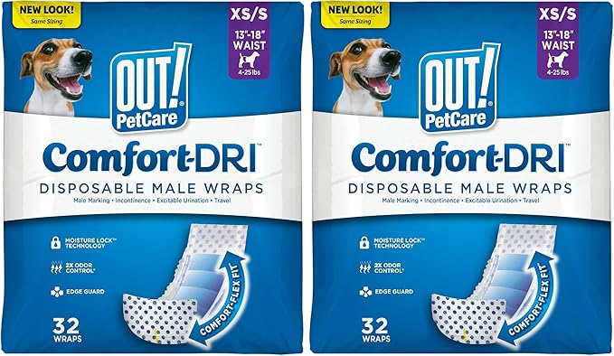 Out! PetCare Disposable Dog Diapers Male,Puppy Belly Band,Potty Training,Doggie Diapers,Belly Bands for Male Dogs,Puppy Training,Incontinence,(XS/S,32ct),(Pack of 2)