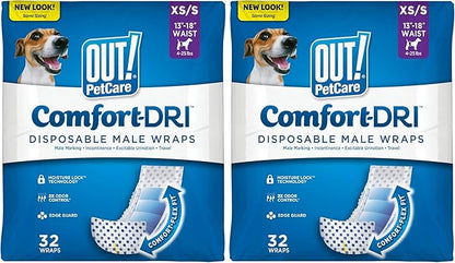 Out! PetCare Disposable Dog Diapers Male,Puppy Belly Band,Potty Training,Doggie Diapers,Belly Bands for Male Dogs,Puppy Training,Incontinence,(XS/S,32ct),(Pack of 2)