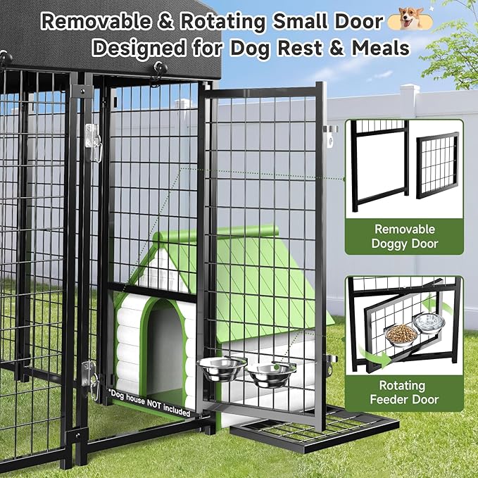 2PCS Dog Kennel Outdoor, Large Outside Dog Kennel with Roof & Swivel Feeders/Removable Doggy Door Allow Connecting Your Dog House, Heavy Duty Dog Run Pen for Medium/Large Dogs (8'Lx4'Wx6'H)