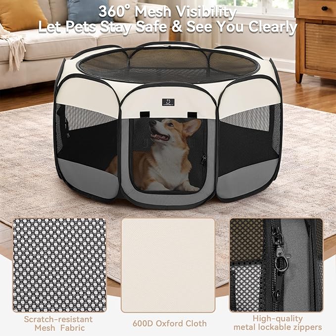 Dog Playpen for Small Dogs & Puppies, 40.55" Portable Indoor Outdoor Puppy Playpen with Bowl, Waterproof Floor, Foldable Pop-Up Pet Pen for Home, Travel & Daily Use, Grey+Beige