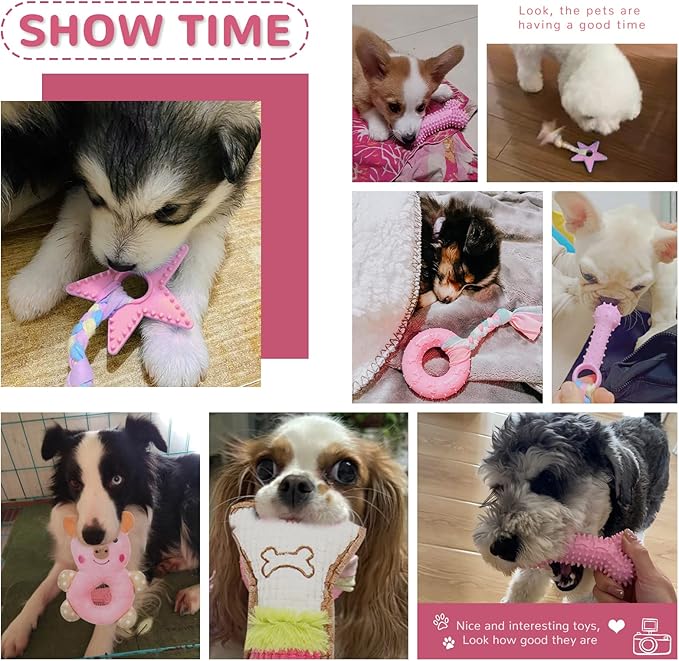 6 Pack Puppy Toys for Teething Small Dogs, Cute Pink Dog Chew Toys for Puppies, Soft Squeaky Dog Toys for Small Breed Cleaning Doggy Teeth, Outdoor Interactive Small Dog Chew Toys Set