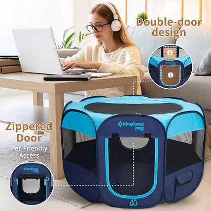 KingCamp Dog Playpen, Portable Foldable Cat Kitten Puppy Tent Crates 29"/36"/50" Pop Up Pet Playpen with Zippered Bottom & Cover for Indoor Outdoor Use (Medium, Blue)