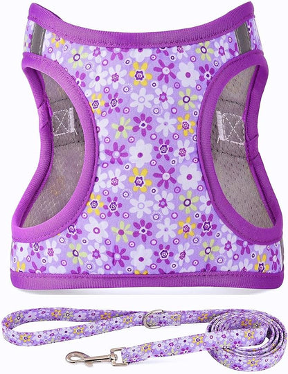 Moonpet Step in Dog Harness Leash Set- All Weather Reflective No-Pull Floral Pattern Padded Mesh Vest Harness for Cats Puppy Extra-Small Small Medium Large Dogs - Purple Flower - XL