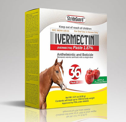 Horse Ivermectin Paste 1.87% – Apple Flavored Oral Horse Dewormer Syringe – 6.08g Tube Treats Horses Up to 1250 LB [Pack-36]