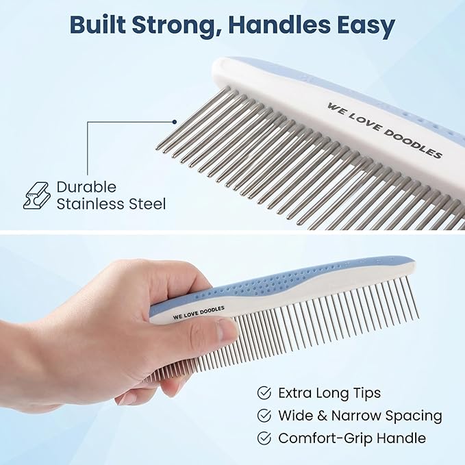 Metal Dog Grooming Comb | Removes Tangles & Matts | Dematting Pet Combs | Detangler for Matted Hair | Best Comb for Poodles, Goldendoodles, Doodles & Long Haired Dogs (Small) [We Love Doodles]