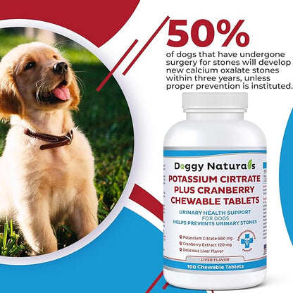 Potassium Citrate Plus Cranberry Supplement for Dogs (100 Tablets) - Urinary Tract Support-Helps Deter Formation of Calcium Oxalate Stones - Deters Bladder & Kidney Stones (Made in U.S.A)