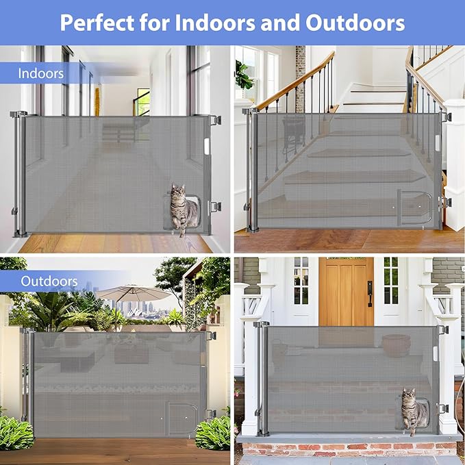 Retractable Dog Gate with Cat Door 55" Wide Retractable Pet Gate with Cat Door Mesh Dog Gate Retractable Baby Gates for Doorway Retractable Puppy Gate for The House Retractable Outdoor Gate for Deck