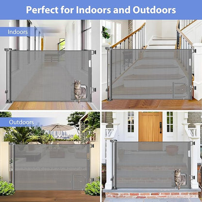 Retractable Dog Gate with Cat Door 55" Wide Retractable Pet Gate with Cat Door Mesh Dog Gate Retractable Baby Gates for Doorway Retractable Puppy Gate for The House Retractable Outdoor Gate for Deck