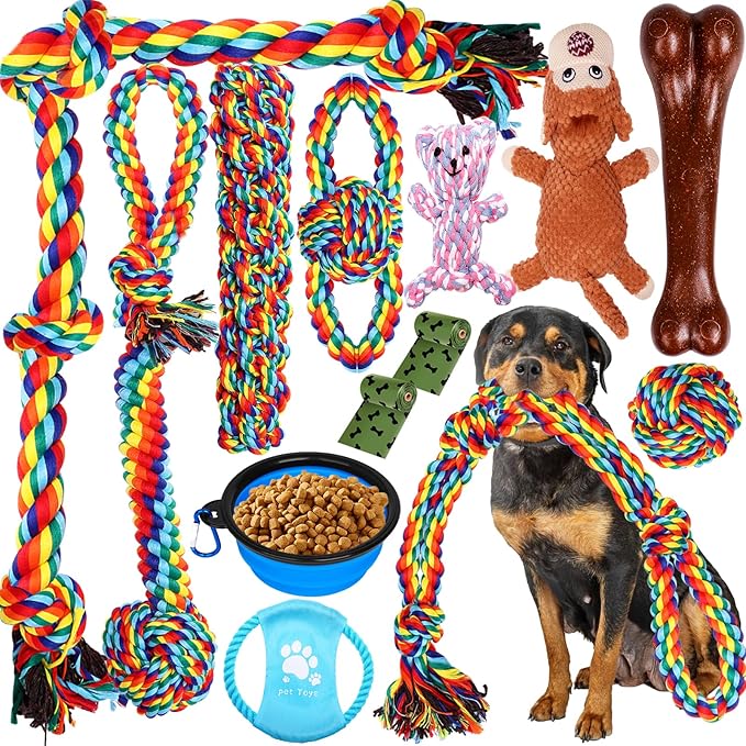 XLMYS Dog Toys for Aggressive Chewers 13 Pack，Indestructible Tug of War Toys for Small, Medium, Large Dog Breeds, Teeth Cleaning Chew Toys Pet Interactive Rope Toys
