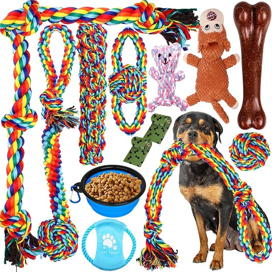 XLMYS Dog Toys for Aggressive Chewers 13 Pack，Indestructible Tug of War Toys for Small, Medium, Large Dog Breeds, Teeth Cleaning Chew Toys Pet Interactive Rope Toys