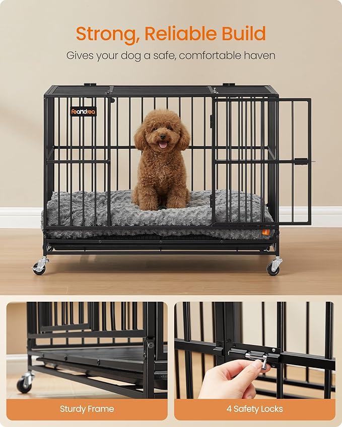 Feandrea Heavy-Duty Dog Crate, 5-Minute Quick Assembly, Foldable Dog Kennel Cage with Lockable Wheels, Double Doors, Escape Proof Fixed Bottom, Removable Tray, Easy to Clean, Ink Black, 37 Inch
