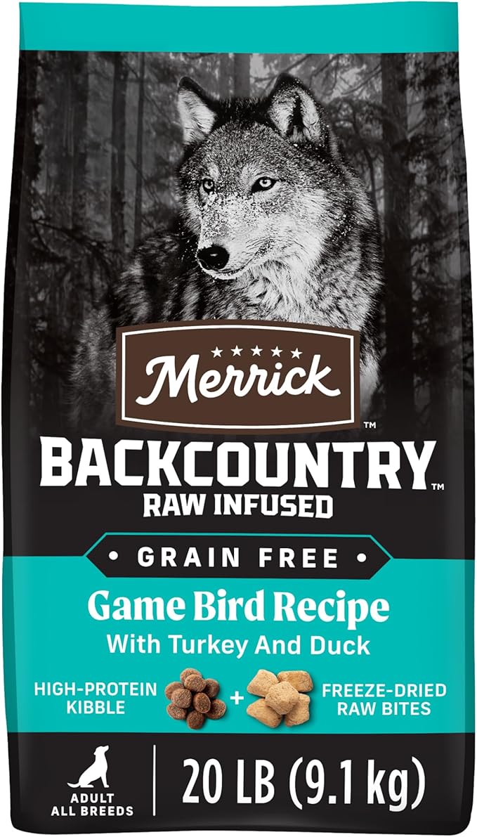 Merrick Backcountry Grain Free Dry Adult Dog Food, Kibble With Freeze Dried Raw Pieces, Game Bird Recipe - 20.0 lb. Bag