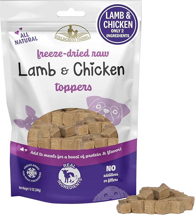 Fieldcrest Farms Freeze-Dried Raw Lamb & Chicken Dog Food Toppers or Treats, All Natural, Real Ingredients, No Additives or Fillers, Protein & Flavor Boost, 12 oz
