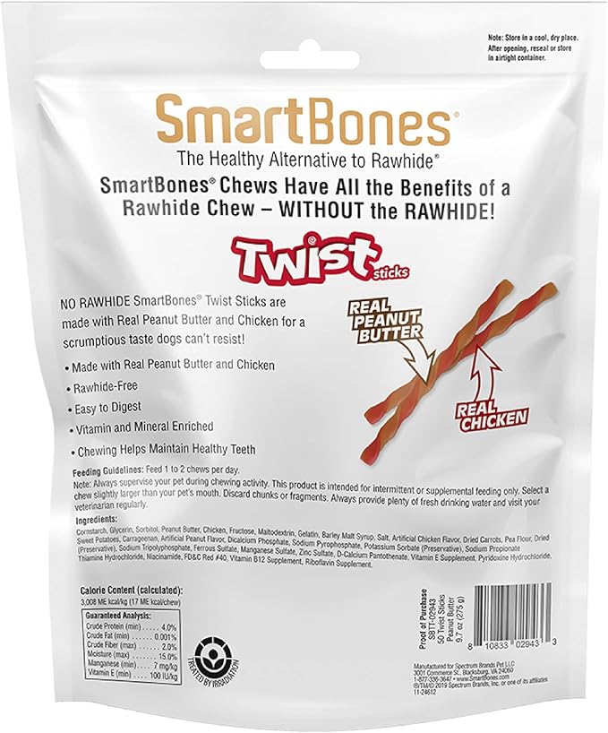 SmartBones Smart Twist Sticks With Peanut Butter, Rawhide-Free Chews For Dogs, 50 Count