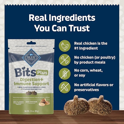 Blue Buffalo Blue Bits Plus Digestion and Immune Support Daily Benefit Dog Treats, Soft & Chewy Chicken and Pumpkin Morsels, 3.5-oz. Bag