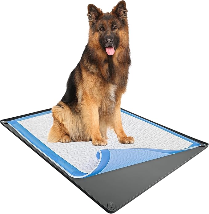 TidyFriend Dog Pee Pad Holder Tray Fits for 27.5” x 44” Pee Pads with Corner Lock Holes, Raised Edges, Non-Spill, Easy to Clean Silicone Dog Potty Tray Holder, for Indoor Floor Protection (Grey)
