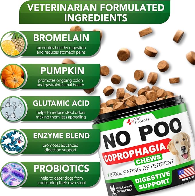 No Poo Chews for Dogs - Advanced Coprophagia Stool Eating Deterrent for Dogs - Stop Dog Poop Eating - Probiotics & Digestive Enzymes Supplement - Made in USA - Vet Formulated - 120 Soft Treats