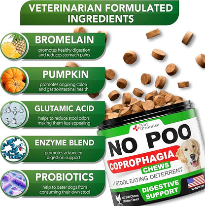 No Poo Chews for Dogs - Advanced Coprophagia Stool Eating Deterrent for Dogs - Stop Dog Poop Eating - Probiotics & Digestive Enzymes Supplement - Made in USA - Vet Formulated - 120 Soft Treats