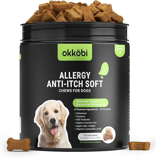 Dog Allergy Chews - 150 Pcs - Allergy Relief for Dogs - Supplements for Itchy Skin & Paw Licking - US Formula with Probiotics, Natural Ingredients & Vitamins - Duck Flavor