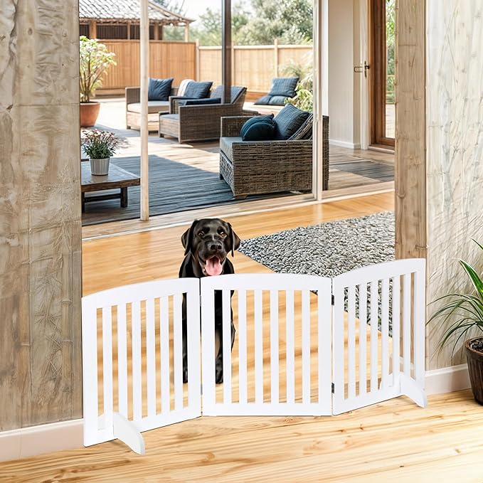 Freestanding Pet Dog Gate 24 Inch Foldable Dog Fence Indoor 3 Panel Extra Wide Wooden Door for Stairs Hallways Doorways