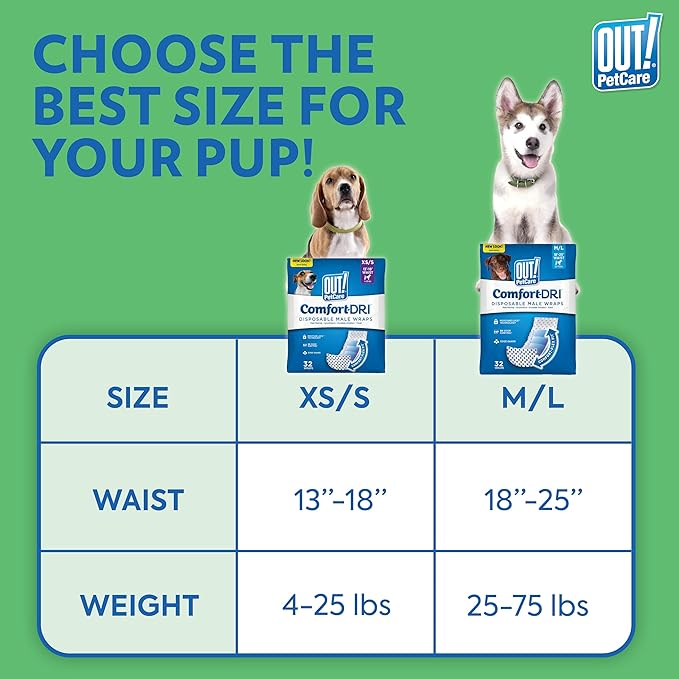 Out! PetCare Disposable Dog Diapers Male, Puppy Belly Band, Potty Training, Doggie Diapers, Belly Bands for Male Dogs, Puppy Training, Adjustable Fasteners, Incontinence, (M/L, 96ct)