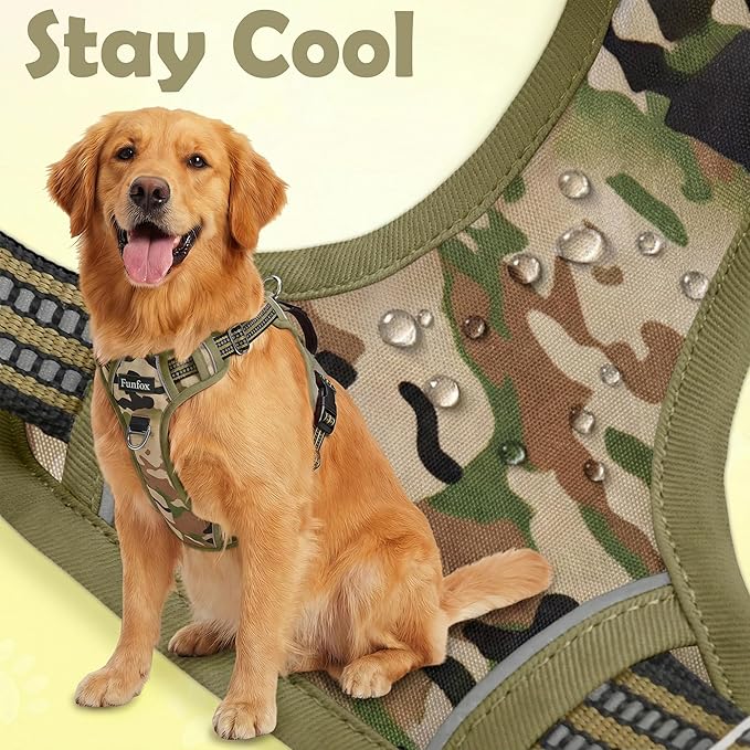 Funfox Dog Harness No Pull, Adjustable Pet Vest Harness, Super Soft Material with Vertical Handle Easy Control, Reflective Night Walking, 2 Leash Clips for Medium Sized Dogs, Camo Green, M