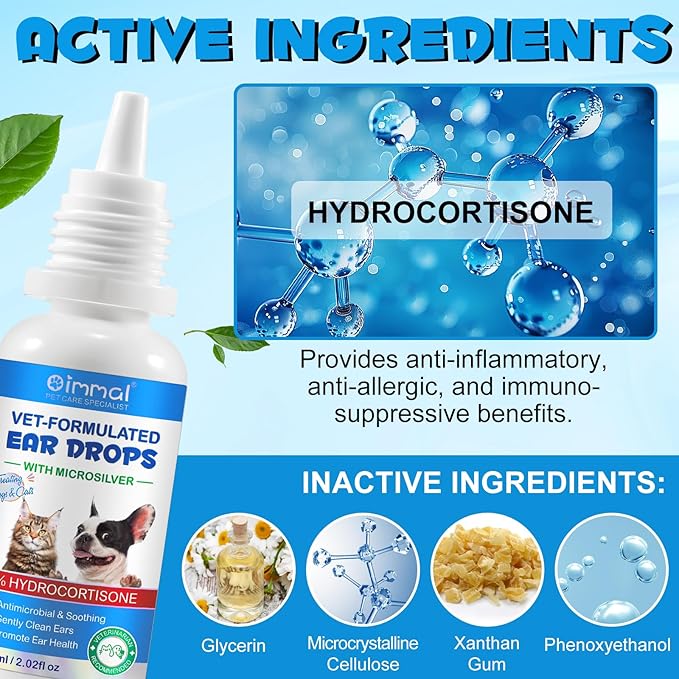 VOSIFSDIY Dog & Cat Ear Infection Treatment Drops, Pets Ear Cleaning Drops with 1% Hydrocortisone for Dog & Cats Yeast Infection, Itchy Ear Relief, Pet Ear Care Supplies for Dogs & Cats -2fl oz