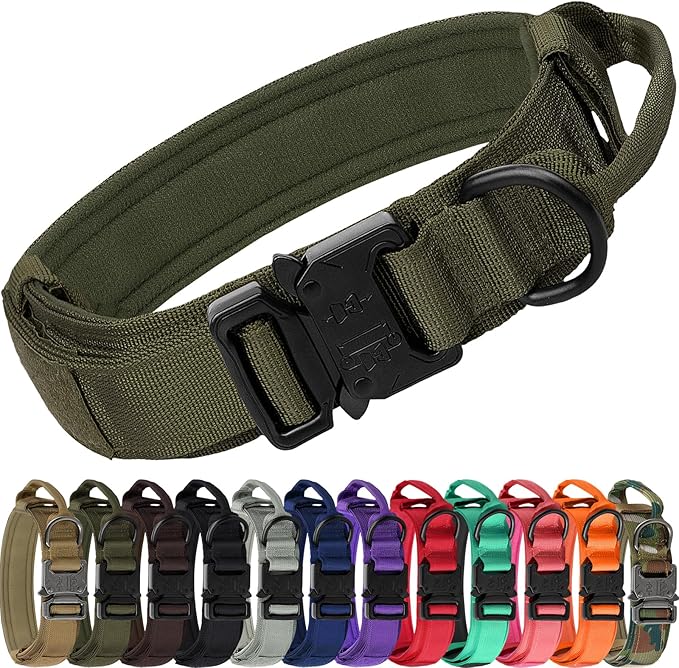 Joytale Tactical Dog Collar with Handle and Metal Buckle, Heavy Duty Padded Military Collar with 2 Patches for Training, Adjustable for XLarge Dogs, ArmyGreen, XL