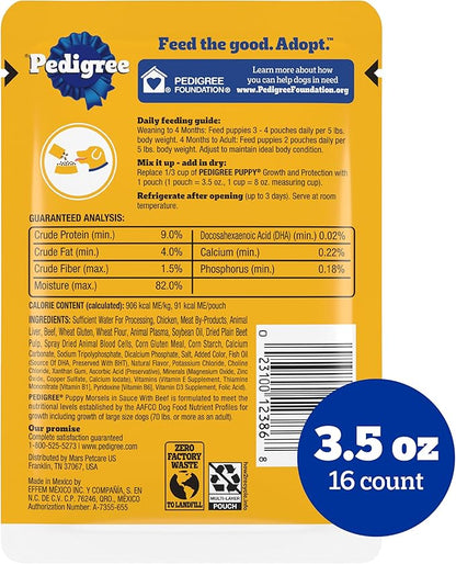 Pedigree Puppy Food Morsels in Sauce, Wet Dog Food Pouches, Beef Flavor, 3.5 oz. Pouches, 16 Count