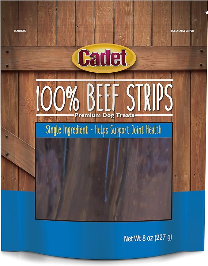 Cadet 100% Beef Strip Long Lasting Chews for Dogs, Single Ingredient Beef Esophagus Dog Treats, Natural High Protein Rawhide Alternative for Small & Large Dogs, 8 Ounce