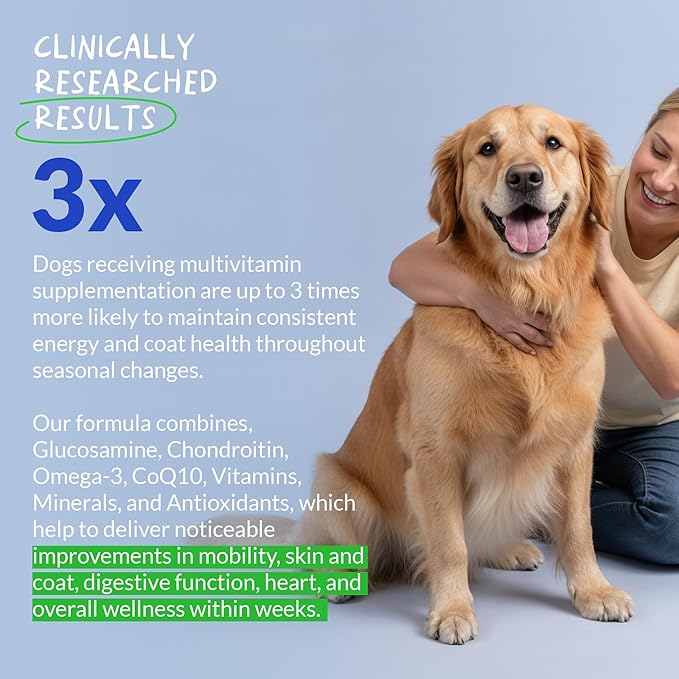 Multivitamin for Dogs - 120 Chewable Tablets with Glucosamine and Chondroitin - Fish Oil & Vitamins with Coq10 for Skin & Heart Health, Gut & Immune Support