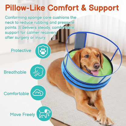 Sponge Dog Cone After Surgery, No Inflation Required Dog Donut Collar to Stop Licking, Inflatable Cone Alternatives for Large Pets, Soft Recovery Collar with Protective Shield (Green Blue,XXL)