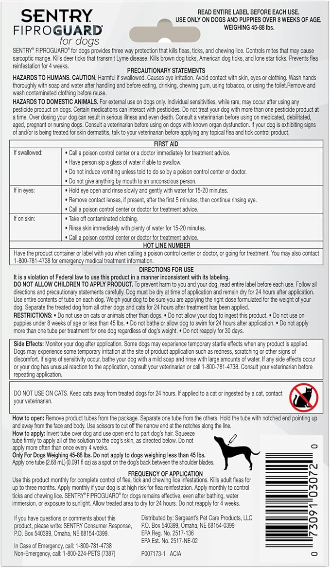 Sentry Fiproguard for Dogs, Flea and Tick Prevention for Dogs (45-88 Pounds), Includes 6 Month Supply of Topical Flea Treatments