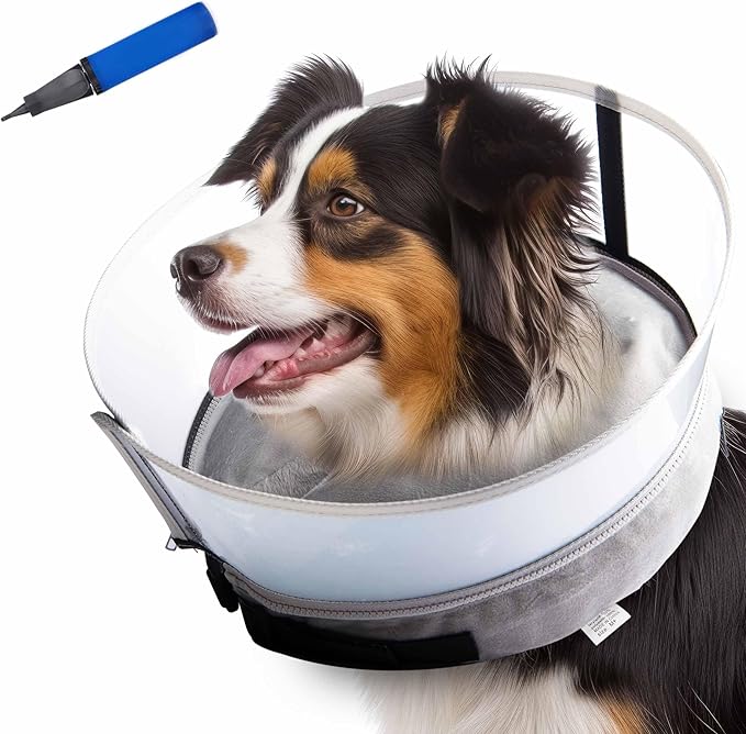 Dog Inflatable Neck Collar - Inflatable E Collar for Dogs - Comfortable Elizabethan Cone with Detachable Anti-Licking Shield - Dog Donut Cone - Doughnut for Dogs After Surgery (Grey, M)