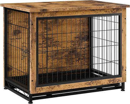 Vongrasig Dog Crate Furniture, Side End Table, Modern Wooden Kennel for Dogs Indoor, Heavy-Duty Dog Cage with Multi-Purpose Removable Tray, Double-Door Dog House, Rustic Brown