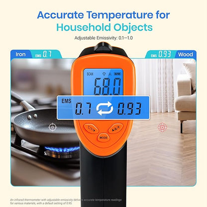 Etekcity Infrared Thermometer Laser Temperature Gun 774, Meat Food Candy Oven Thermometer for Griddle Accessories, Heat Gun for Cooking Refrigerator Tools, Adjustable Emissivity & Max Measure, Orange