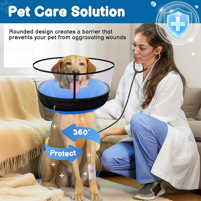 BARKLESS Dog Donut Collar, 2-in-1 Inflatable Dog Collars for After Surgery to Stop Licking Wounds, Patented Protective Donut Cone with High Shield for Small and Medium Pets (Blue, M+)